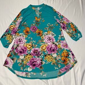 Tee For The Soul Top Floral V Neck Tunic Dress Hi Low Roll Tab Sleeves XXL